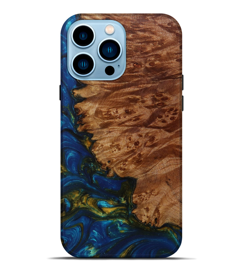iPhone 14 Pro Max Wood+Resin Live Edge Phone Case - Cavin (Teal & Gold, 588729)