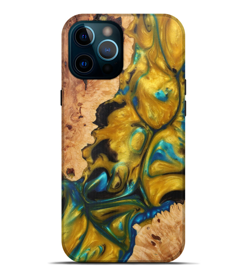iPhone 12 Pro Max Wood+Resin Live Edge Phone Case - Motaz (Teal & Gold, 589809)