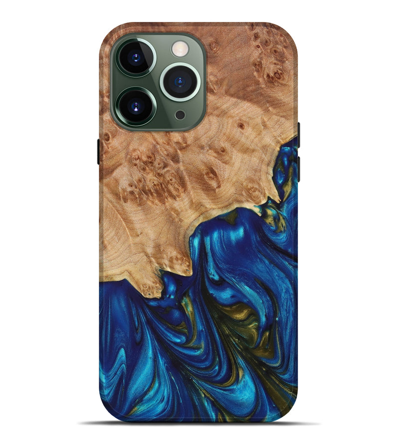 iPhone 13 Pro Max Wood+Resin Live Edge Phone Case - Sammy (Teal & Gold, 638152)