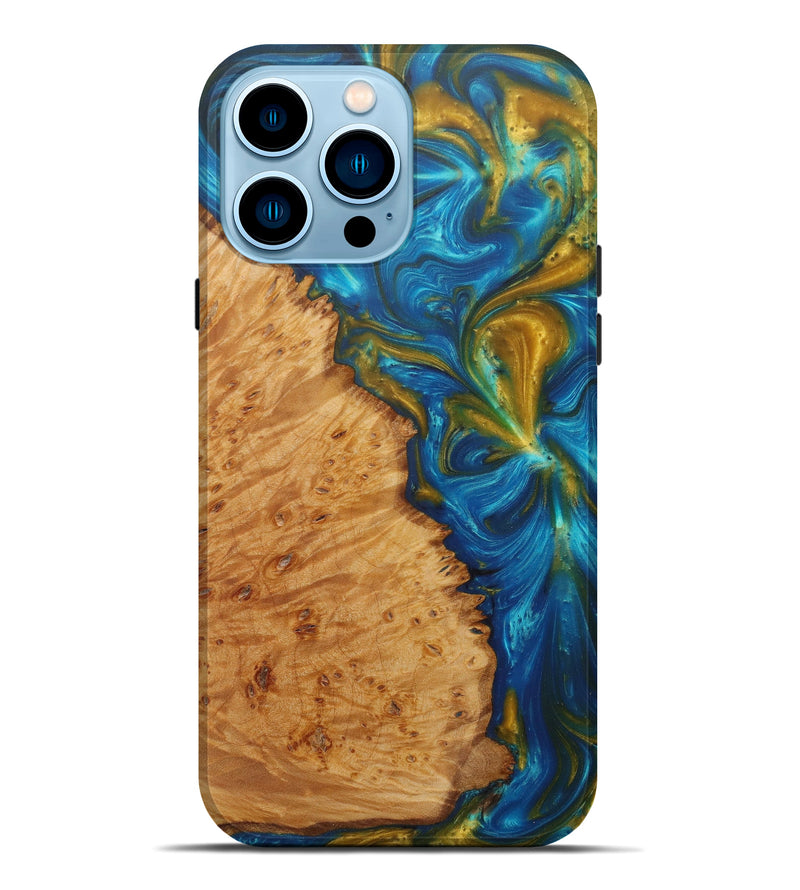 iPhone 14 Pro Max Wood+Resin Live Edge Phone Case - Bart (Teal & Gold, 586099)
