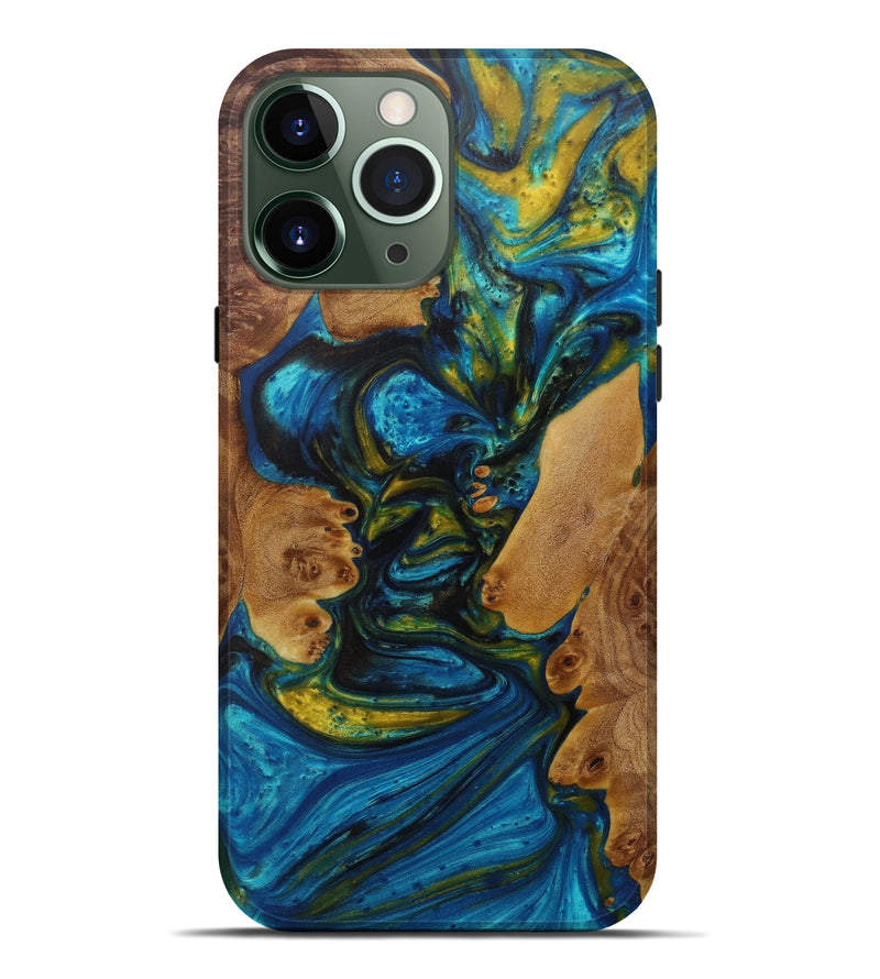 iPhone 13 Pro Max Wood+Resin Live Edge Phone Case - Wiesje (Teal & Gold, 571493)