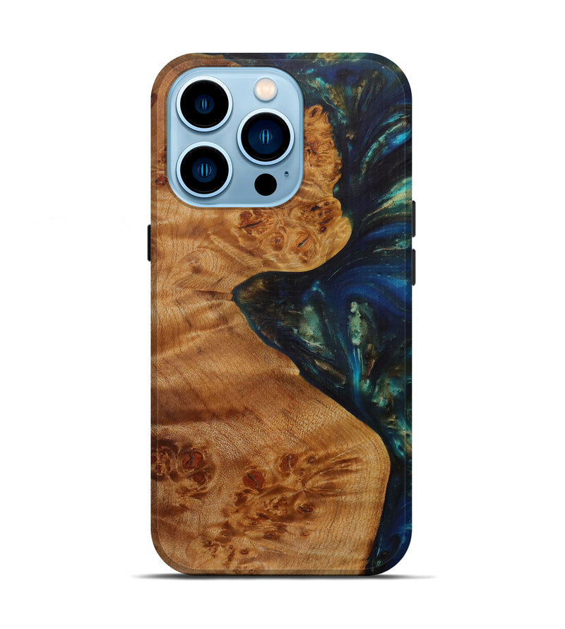 iPhone 14 Pro Wood+Resin Live Edge Phone Case - Jordana (Teal & Gold, 585140)