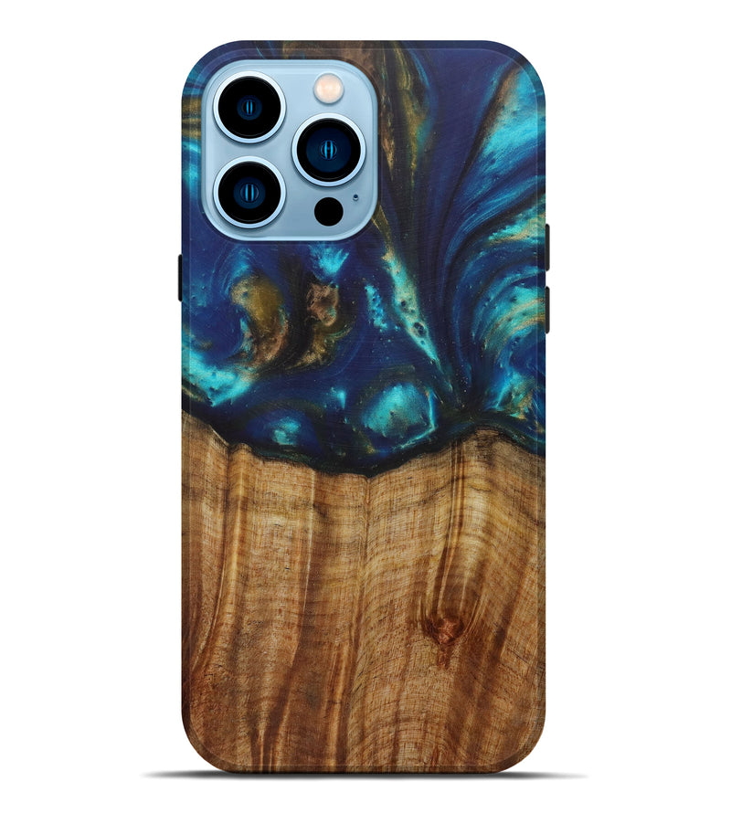 iPhone 14 Pro Max Wood+Resin Live Edge Phone Case - Antonie (Teal & Gold, 587768)