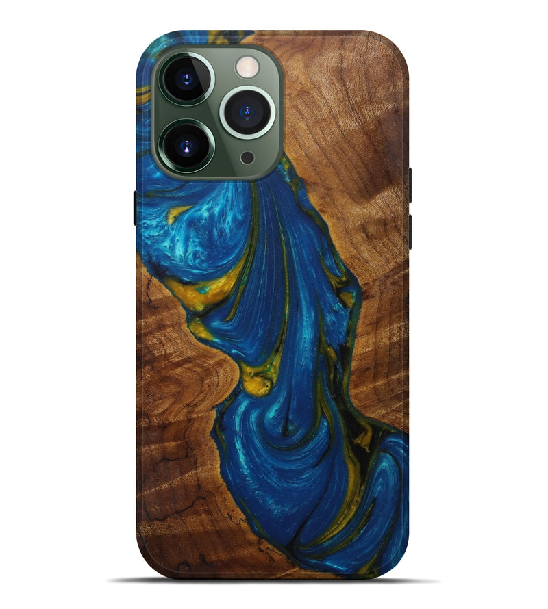 iPhone 13 Pro Max Wood+Resin Live Edge Phone Case - Estella (Teal & Gold, 587777)